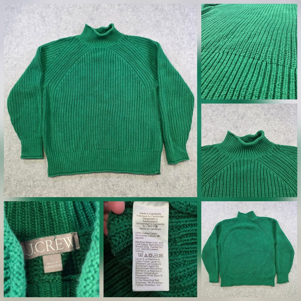 J.Crew Relaxed Rollneck Sweater Womens Large Green 100% Cotton Knit Pullover